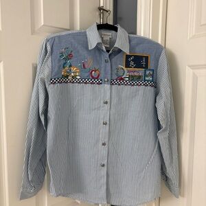 Vintage Teacher Striped Button-Up Shirt with Embroidered Design